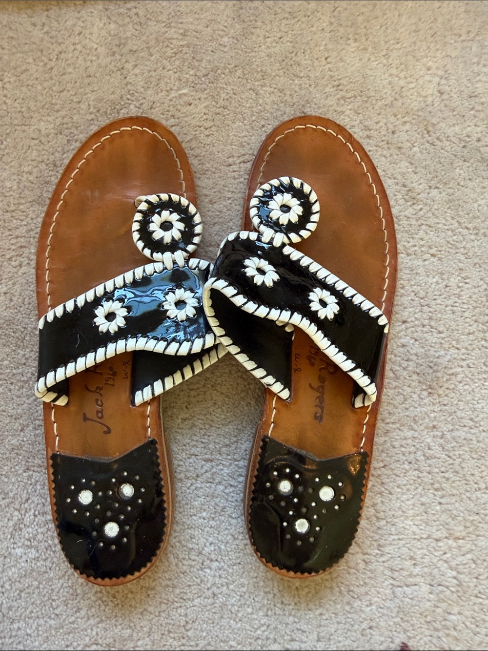 Jack Rogers Black Patent Viva Slide Sandals with White Braided Floral Accents